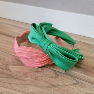 Pair of Colorful Headbands - Satin Bow Green - Wide Peach Twisted Wave